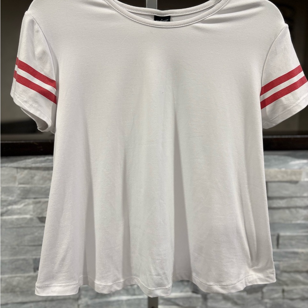 White Short Sleeve Tee with Red Stripe Sleeves